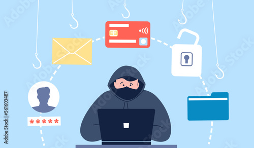 Hacker attack, cracker protection and fraud email money and data. Phishing and cyber scam, personal information thefts, recent vector scene