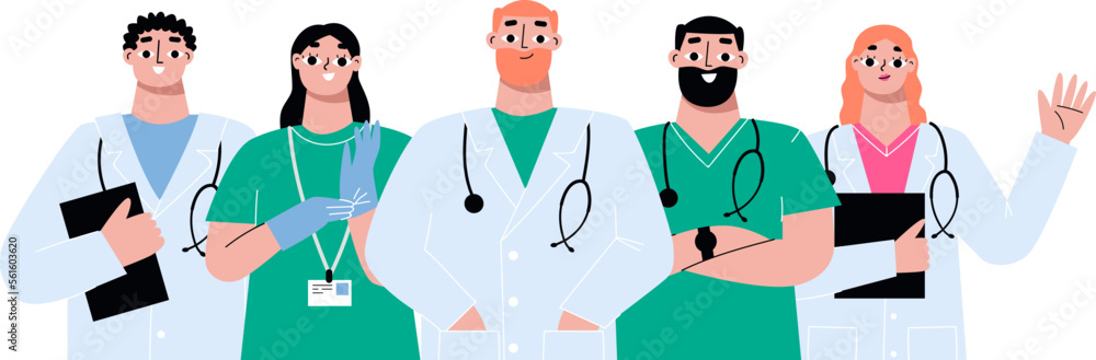 Physicians together, medic team together. Diverse doctors and nurses, professional hospital staff. Surgeon students, career in health vector characters Physicians together, medic team together. Diverse doctors and nurses, professional hospital staff. Surgeon students, career in health vector characters