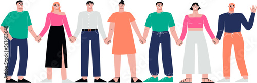 Friends standing together. Different people holding hands, isolated friend young people group. Students company, happy unity sapid vector characters