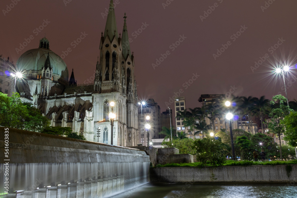 Sao Paulo, SP, Brazil, November 24, 2016. Night view of Se square and facade of Se Metropolitan Cathedral in Sao Paulo, Brazil. Se Cathedral was constructed in 1913 in Neo Gothic Style.