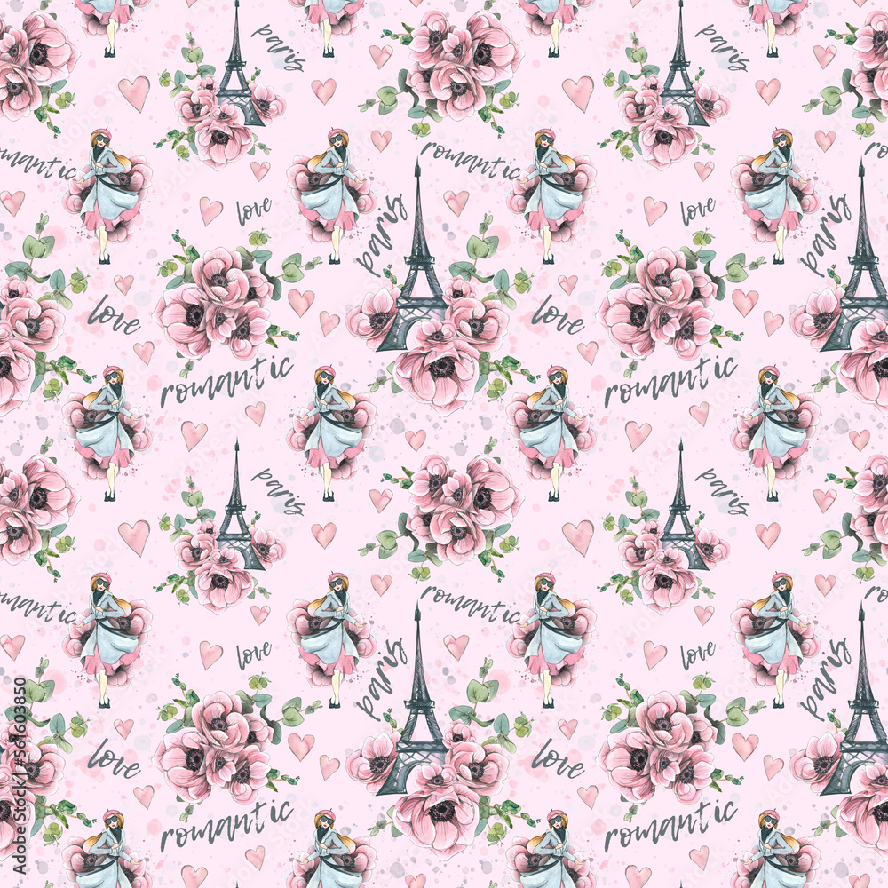 Eiffel Tower with anemone flowers, eucalyptus twigs and Parisian. Watercolor illustration in sketch style with graphic elements. Seamless pattern from a large set of PARIS. For fabric, textiles.