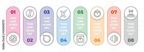 user interface infographic element with outline icons and 8 step or option. user interface icons such as right tings, italic, rotate left, superscript, remove right frame, external, sound on,