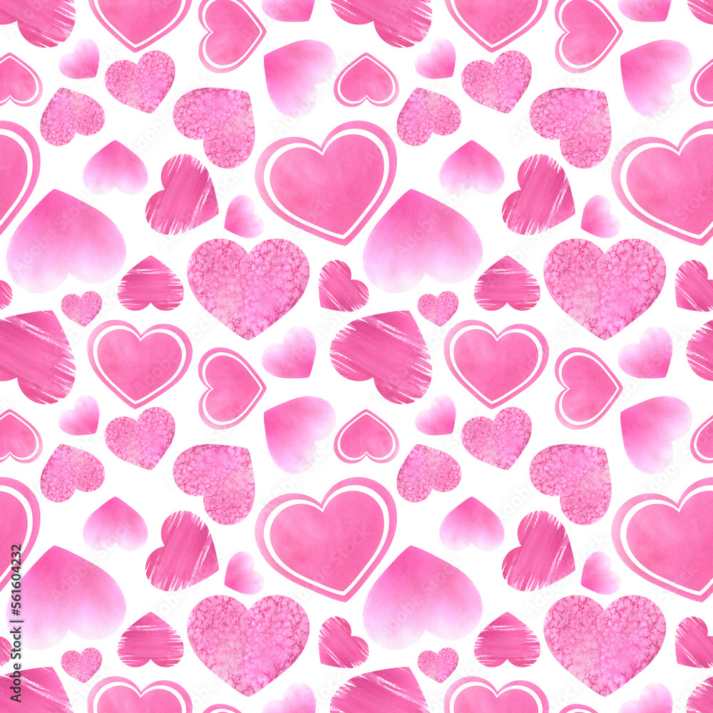 Bright pink hearts of different textures on a white background. Watercolor illustration. Seamless pattern from the VALENTINE'S DAY collection. For packaging paper, decoration and design. Bright pink hearts of different textures on a white background. Watercolor illustration. Seamless pattern from the VALENTINE'S DAY collection. For packaging paper, decoration and design.