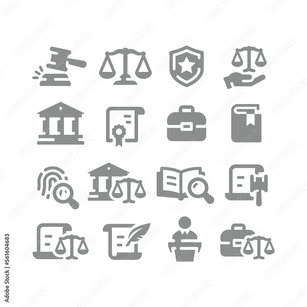 Law, legal and justice vector icon set. Courthouse, court of law, scales filled icons. Law, legal and justice vector icon set. Courthouse, court of law, scales filled icons.