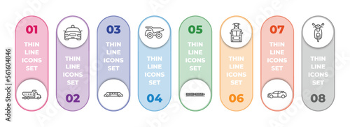 transportation infographic element with outline icons and 8 step or option. transportation icons such as litter car, taxi, limousine, haul, monorail, tram front view, hybrid car, scooter front view