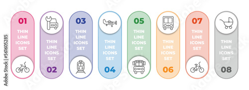 transport infographic element with outline icons and 8 step or option. transport icons such as bicycle, car repair, tram stop, light aircraft, school van, public transport, bicycle side view, baby