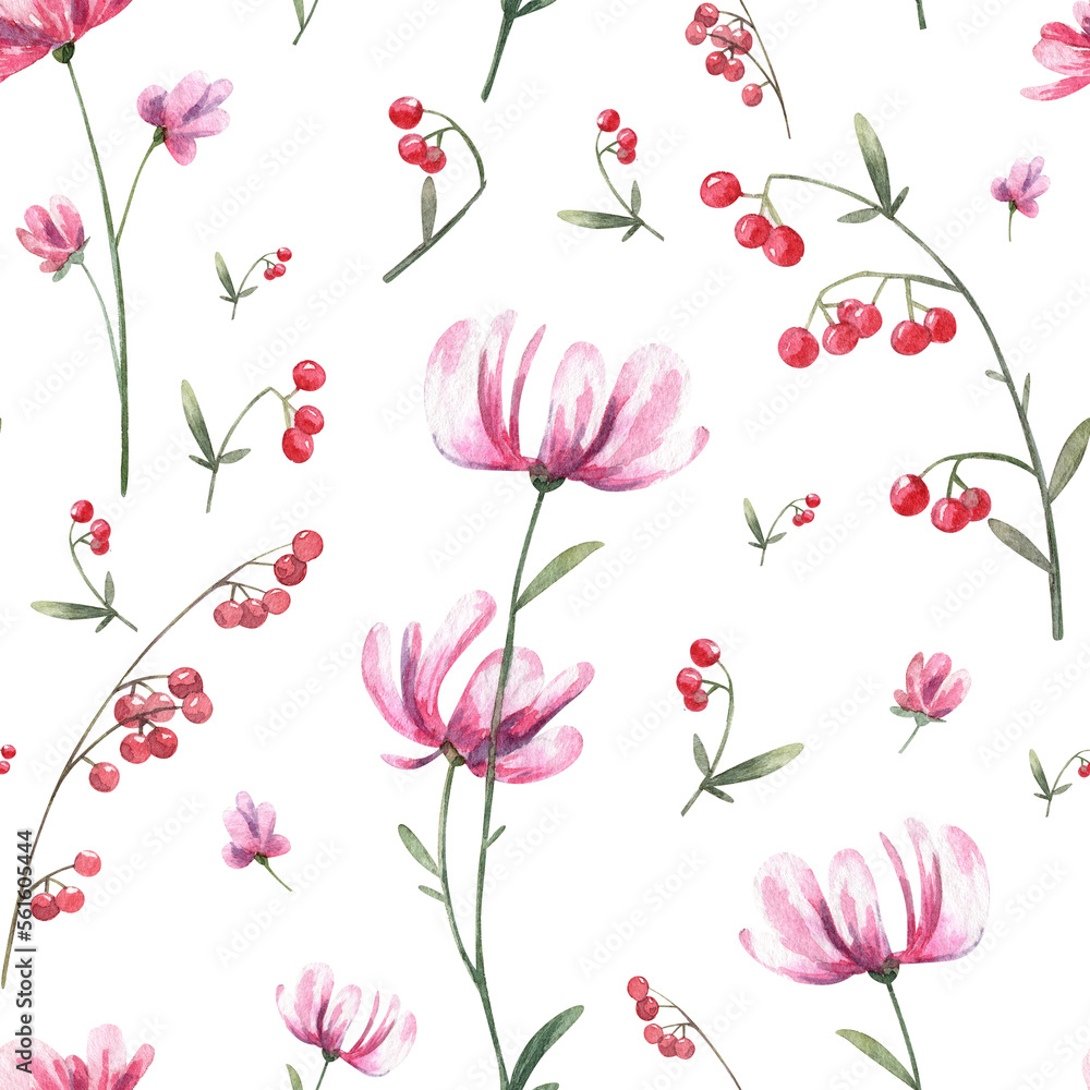 Square seamless pattern with realistic high quality watercolor botany pink flowers and red berry on white background. Hand painted twigs and branches wallpapers