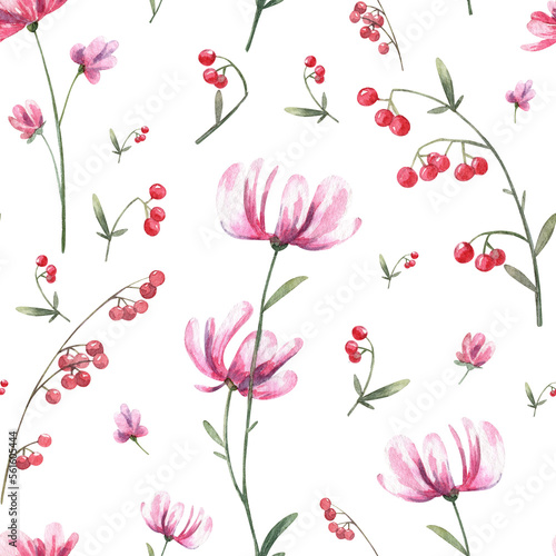 Wallpaper Mural Square seamless pattern with realistic high quality watercolor botany pink flowers and red berry on white background. Hand painted twigs and branches wallpapers Torontodigital.ca