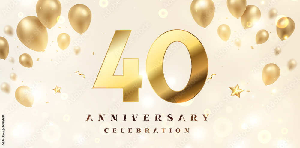40th Anniversary celebration background. 3D Golden numbers with bent ribbon, confetti and balloons. - obrazy, fototapety, plakaty 