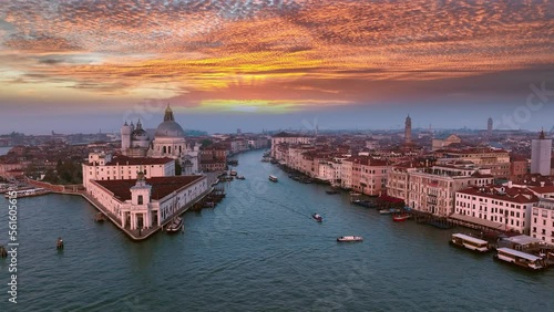 Aerial Venice italy skyline aerial view at sunrise colored sky. grand canal cathedral church Venice. Italy