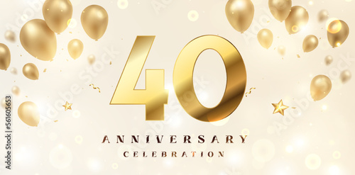 40th Anniversary celebration background. 3D Golden numbers with bent ribbon, confetti and balloons.