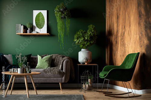 Interior of contemporary living room with wood flooring and a green concrete wall. Fur carpet, coffee table with vase and books, brown leather couch and armchair. Generative AI