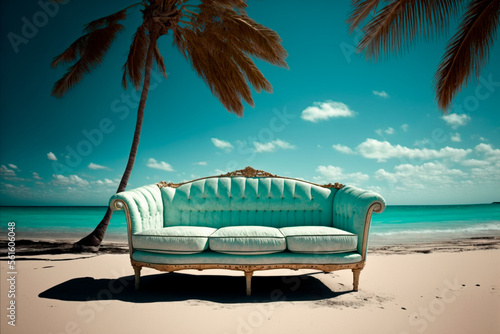 Luxurious turquoise sofa against the blue sky on the beach in the Dominican Republic. Generative AI © Сергей Кураженко