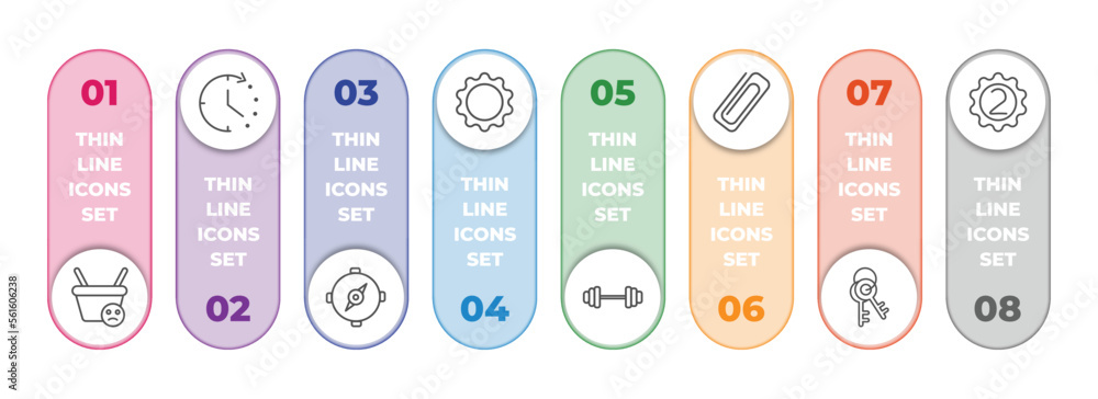 tools and utensils infographic element with outline icons and 8 step or option. tools and utensils icons such as empty shopping basket, time left, orientation compass, , exercise with dumbbells, tools and utensils infographic element with outline icons and 8 step or option. tools and utensils icons such as empty shopping basket, time left, orientation compass, , exercise with dumbbells,