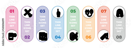 technology infographic element with outline icons and 8 step or option. technology icons such as little camcorder, satellite transmission, international passport, big walkie talkie, zero, electrical