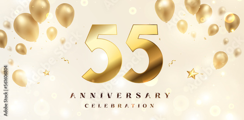 55th Anniversary celebration background. 3D Golden numbers with bent ribbon, confetti and balloons.