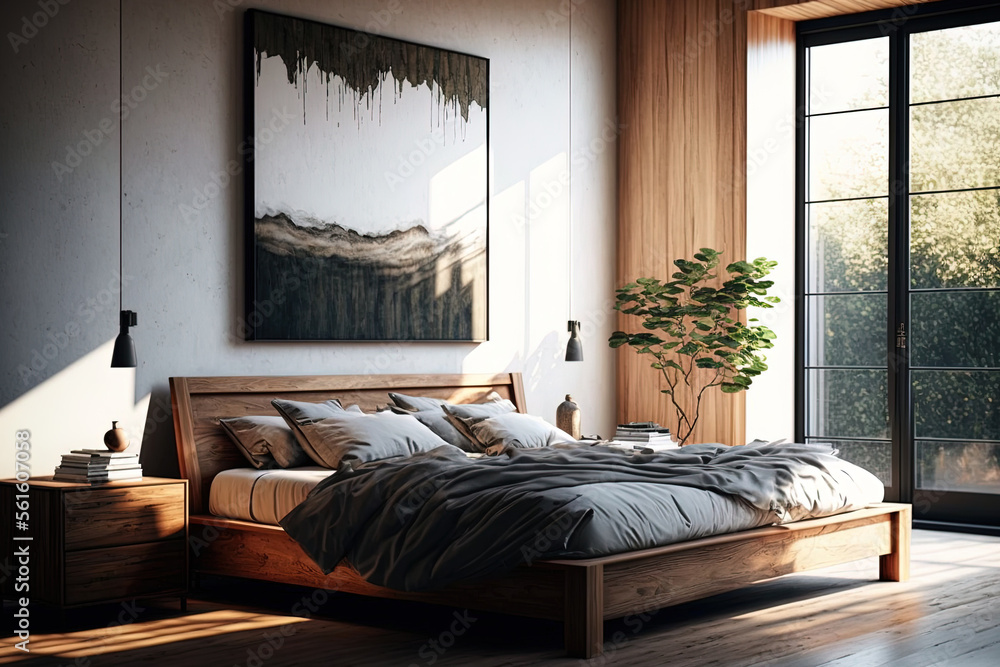 a wooden bed in a contemporary room,. Generative AI a wooden bed in a contemporary room,. Generative AI