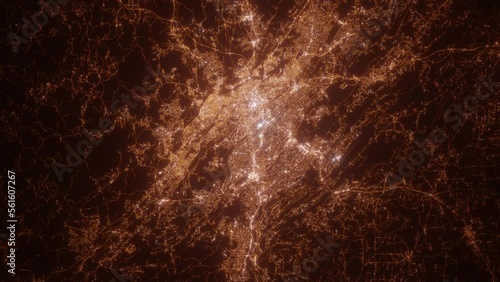 Birmingham (Alabama, USA) aerial view at night. Satellite view on modern city with street lights. Camera is flying above the city, moving forward photo