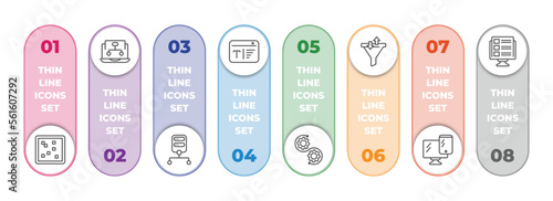 technology infographic element with outline icons and 8 step or option. technology icons such as raster images, sitemaps, data architecture, serif font, devops, sales funnel, responsive web de,