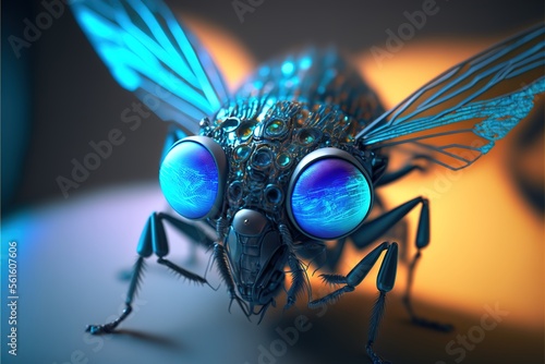 Glowing AI cyborg fly mosquito, menacing glowing, horror, digital, artificial intelligence, future, data, computer created with generative ai technology