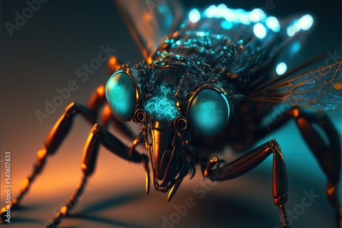 Glowing AI cyborg fly mosquito, menacing glowing, horror, digital, artificial intelligence, future, data, computer created with generative ai technology