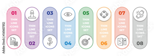 startup stategy and infographic element with outline icons and 8 step or option. startup stategy and icons such as budget, pawn, investment, vision, mission, franchise, sway, rivalry vector.