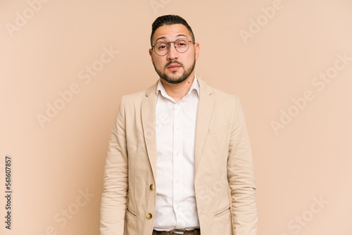 Adult latin business man cut out isolated sad, serious face, feeling miserable and displeased.