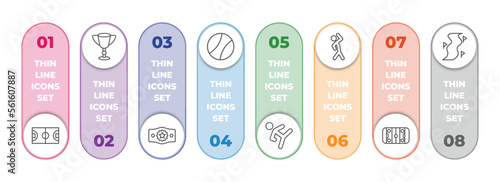 sports infographic element with outline icons and 8 step or option. sports icons such as basketball court, football cup, champion belt, tennis sport ball, taekwondo, aerobics, hockey arena, slalom