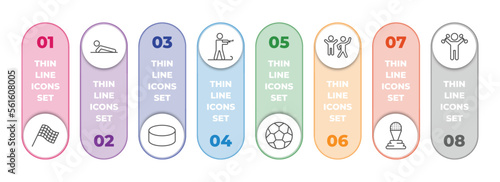 sports infographic element with outline icons and 8 step or option. sports icons such as chequered flag, man doing pushups, hockey puck, biathlon, football ball, excercise, golf champion, excersice