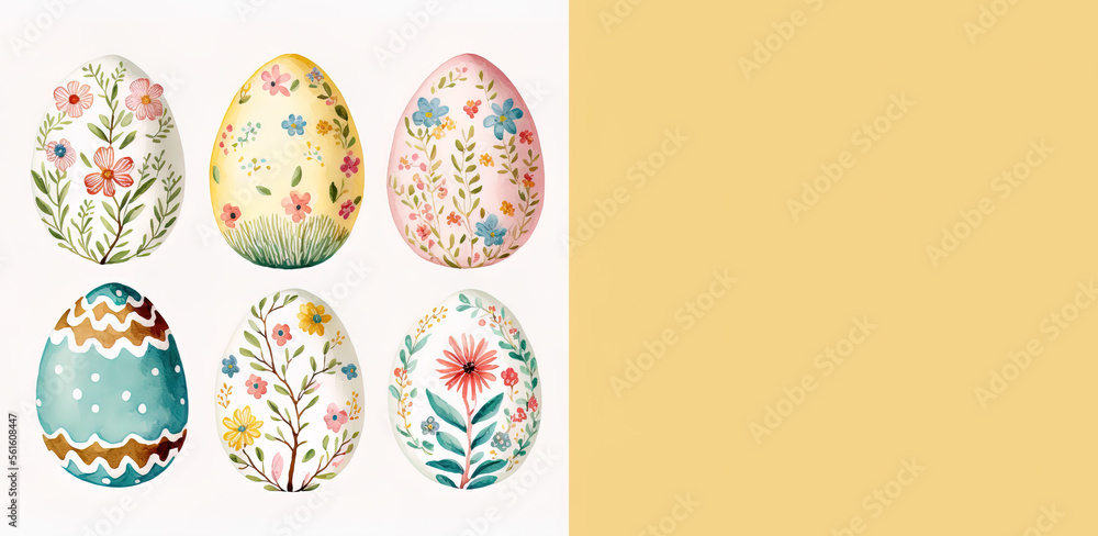 set of eggs in whimsical watercolor, cute Easter eggs collection. Copy space, text space. Easter, holiday. Illustration, generative art set of eggs in whimsical watercolor, cute Easter eggs collection. Copy space, text space. Easter, holiday. Illustration, generative art