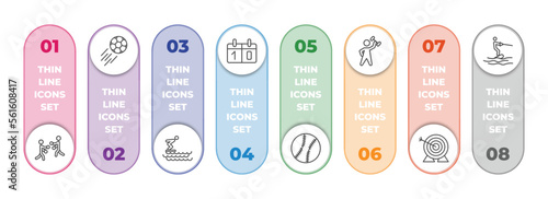 sport infographic element with outline icons and 8 step or option. sport icons such as boxing, soccer, swimming jump, scoreboard, baseball, dumbbell for training, archery, wakeboarding vector.