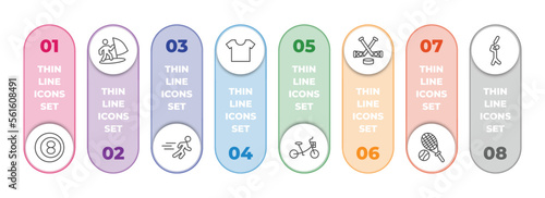 sports infographic element with outline icons and 8 step or option. sports icons such as ball pool, man windsurfing, sprint, short sleeves, bicycle for children, ice hockey, tennis, bats man vector.