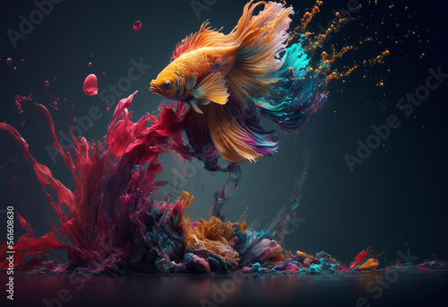 Abstract color paint splash tropical fish, creative background, Generative ai.