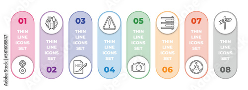 signs infographic element with outline icons and 8 step or option. signs icons such as reason, restaurant, , alert, camera, align right, radiation, beach vector.