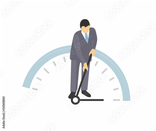 Businessman tries to stop time and pulls the clock hand back illustration. Business time startegy vector design. Effective time management graphic design