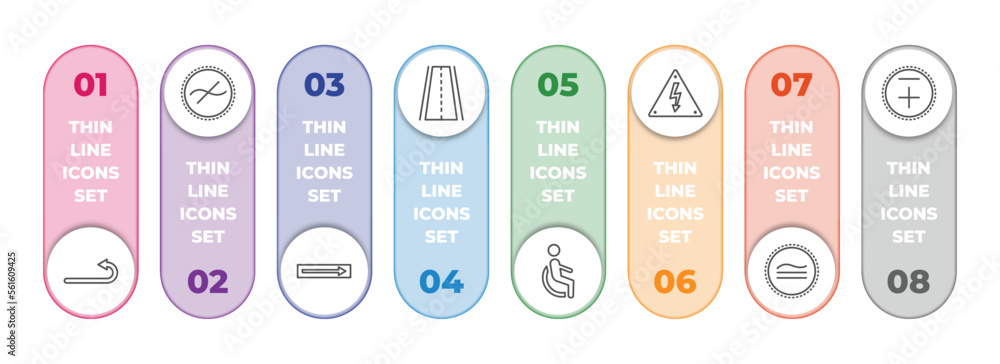 signs infographic element with outline icons and 8 step or option. signs icons such as turn, not similar, one way, roads, disability, high voltage, is similar to, less plus vector.