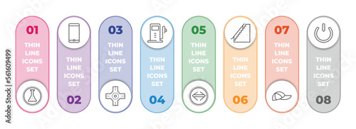 signs infographic element with outline icons and 8 step or option. signs icons such as chemical products, smarthphone, junction, gas station, maths, stairs, cap, power button vector.