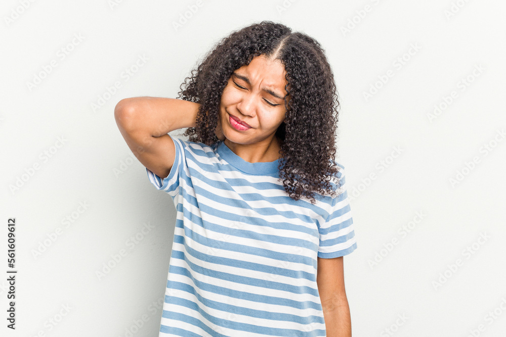 Young african american woman isolated on white background suffering neck pain due to sedentary lifestyle. Young african american woman isolated on white background suffering neck pain due to sedentary lifestyle.