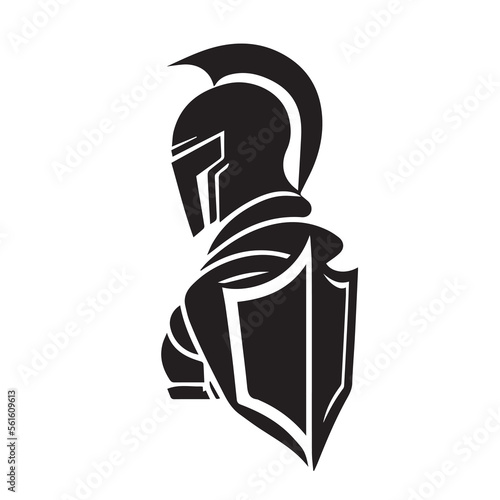 Medieval knight in armor, vector logo. Simple clean modern icon of a warrior with shield and helmet going to battle. Military soldier. Idea of protection, security. Business mascot. Sword badge.