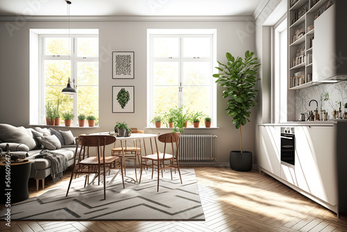 Open concept modern Scandinavian room with design furnishings  a family table  a sofa  and plants Stylish carpet and brown oak parquet flooring. beautiful  basic apartment. large windows sunny and bri