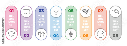 shapes infographic element with outline icons and 8 step or option. shapes icons such as winshield wiper, rounded rectangle, human foot prints, parabola, skull and dagger, big diamond, trademark,
