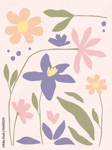 Floral decorative wallpaper in pastel color tones. Delicate, light-toned pattern with botanical elements. Nature-inspired poster for accent wall. Wall decor and mural for nursery. Flowers background.