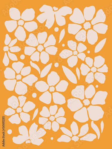 Floral decorative wallpaper in orange tone. Delicate, light-toned pattern with botanical elements. Nature-inspired poster for accent wall. Wall decor and mural for nursery. Flowers background.