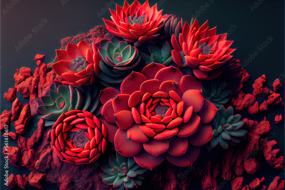 Naklejka premium Studio shot of red colored succulent plants lying on top. Generative AI