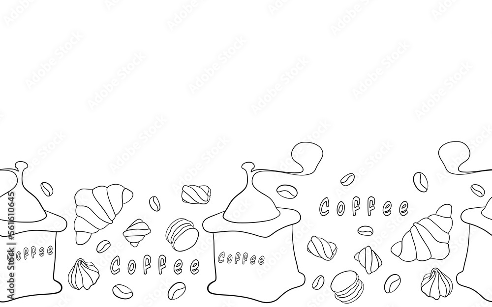 Coffee linear print. Vector contour seamless pattern on white background. Natural aroma drink.