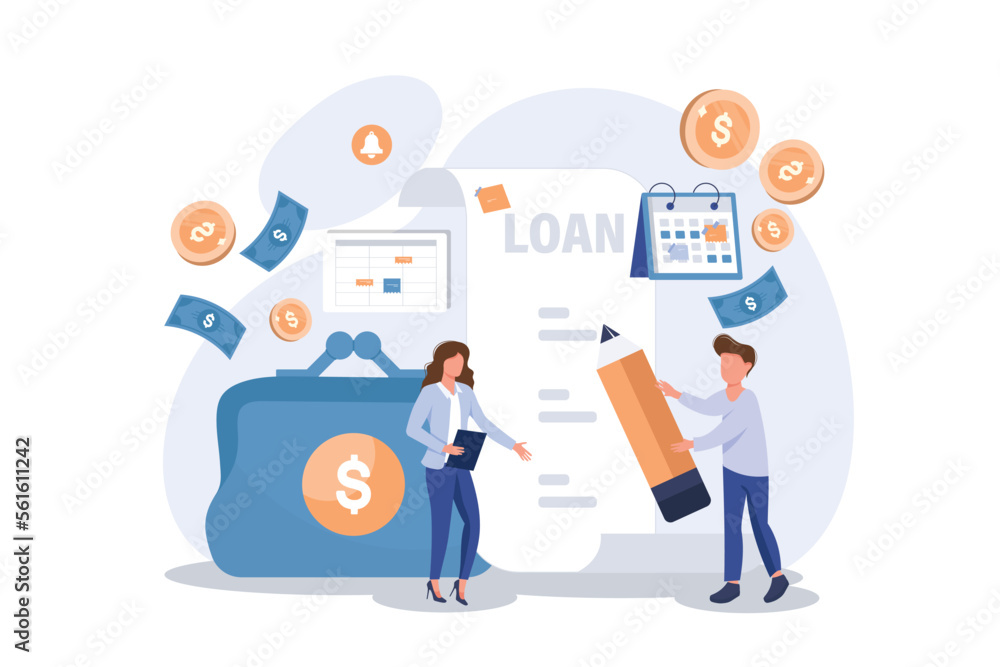 Loan agreement signing. Bank credit. Finance management. Mortgage money credit. Loan disbursement, quick loan service, easy credit program concept. flat vector modern illustration