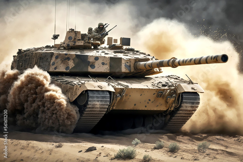 Deutscher Kampfpanzer im Einsatz wird von Granaten beschossen generative ai photo