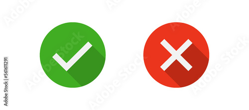 Check mark and cross mark icon in circle with shadow. OK sign. Yes or no symbol. Accept, reject concept. Green correct and red wrong sign. Flat design.