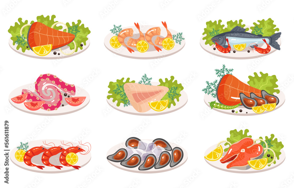 Fish seafood salmon, shrimp, oysters, tuna, tilapia, octopus, squid, tentacles dish meal isolated set. Cooking ingredient restaurant menu concept. Vector cartoon graphic design element illustration Fish seafood salmon, shrimp, oysters, tuna, tilapia, octopus, squid, tentacles dish meal isolated set. Cooking ingredient restaurant menu concept. Vector cartoon graphic design element illustration