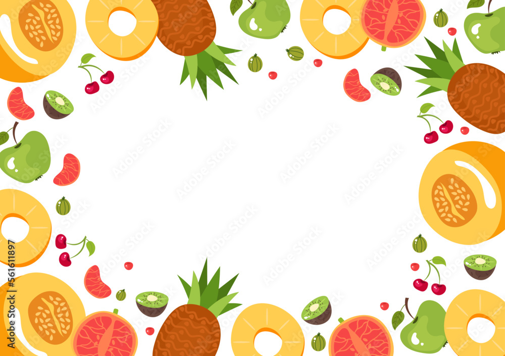 Exotic summer fruit frame border banner cover concept. Vegetarian healthy food decoration tropical wallpaper. Vector cartoon graphic design element illustration Exotic summer fruit frame border banner cover concept. Vegetarian healthy food decoration tropical wallpaper. Vector cartoon graphic design element illustration